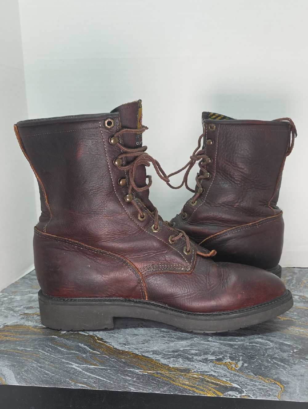 Justin Mens 12 D Brown Leather Conductor 8" Work Boots Comfort Packer Used - Picture 6 of 13